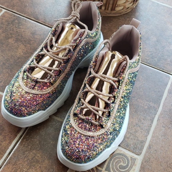 NEW MULTI GLITTER ROSE GOLD METALLIC SNEAKERS SHOE - Picture 8 of 8